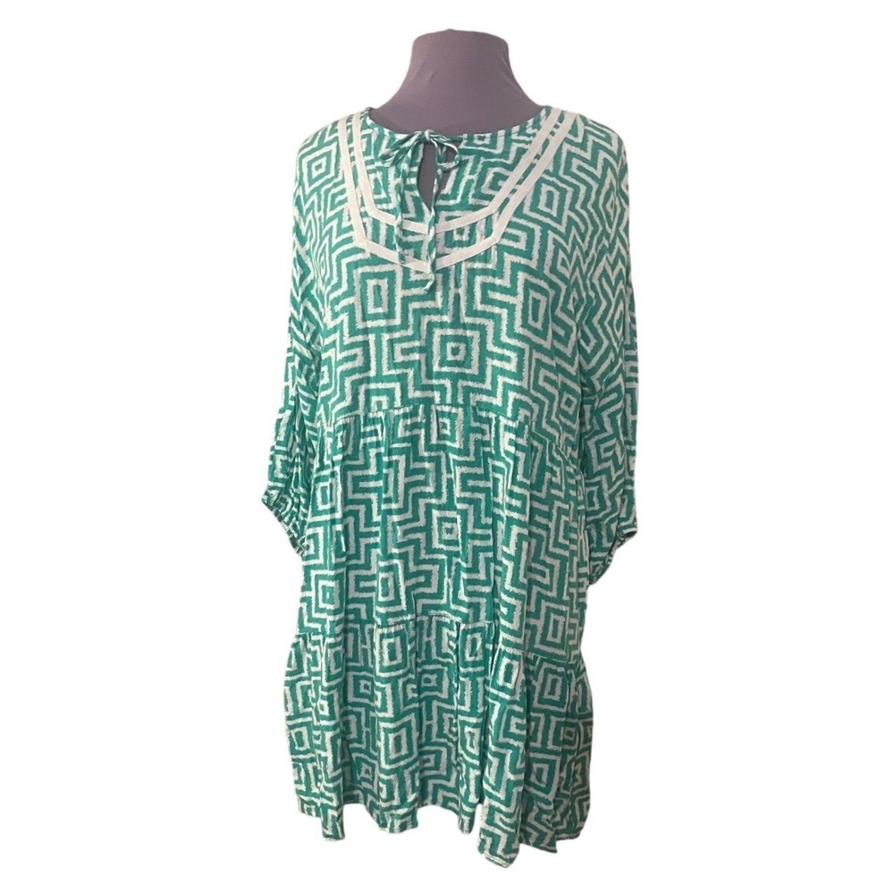 Ruby Rd Green White Geometric Print Tiered Knee Length Dress Women's Size L